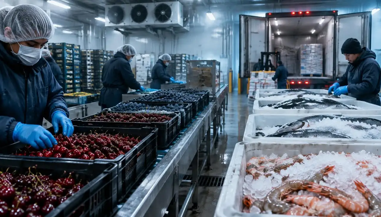 Mitarbeitende sortieren Kisten mit Kirschen und Heidelbeeren neben Fisch und Garnelen auf Eis in einer gekühlten Halle mit Kühl-Lkw an der Rampe
