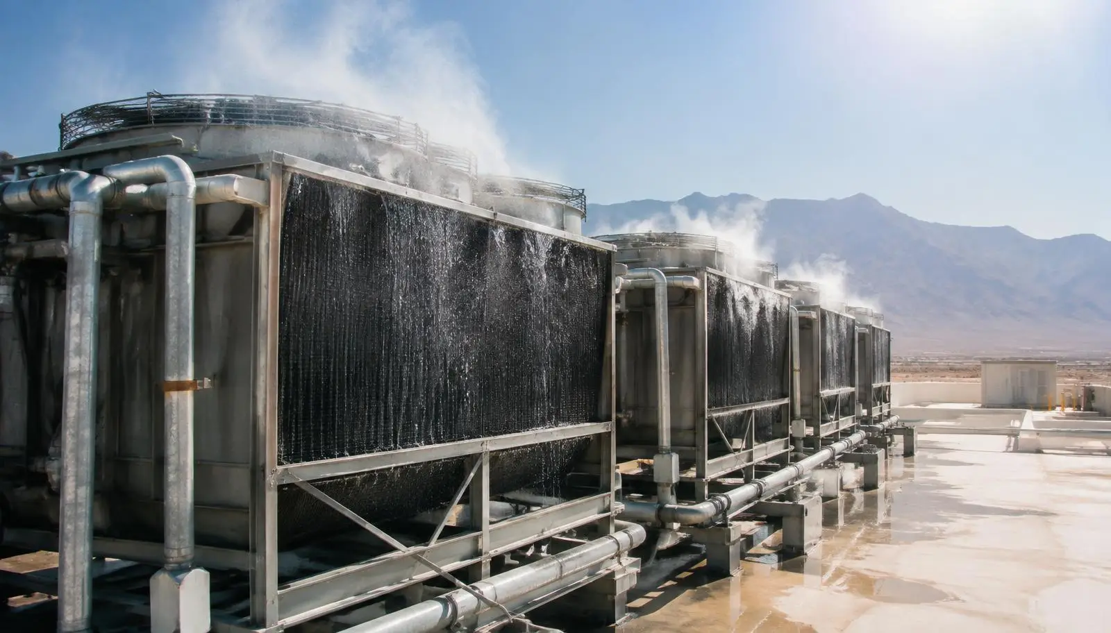 Multiple cooling towers on a rooftop with water flowing and steam rising, mountains in background.