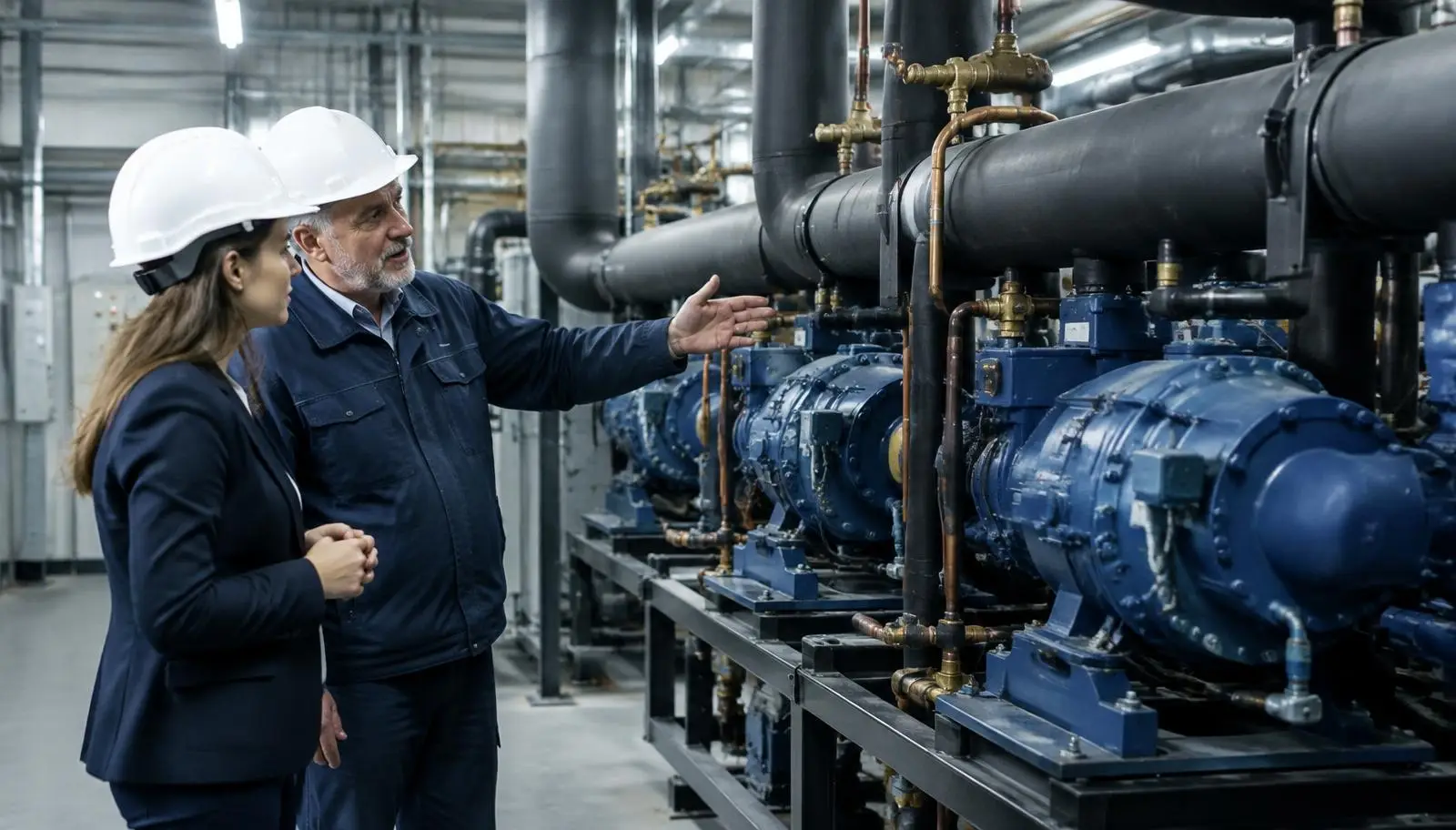 Two people in hard hats discussing industrial equipment with blue pumps and pipes.