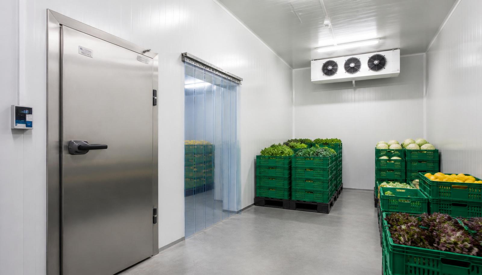 Interior de una cámara frigorífica industrial con estanterías y evaporador