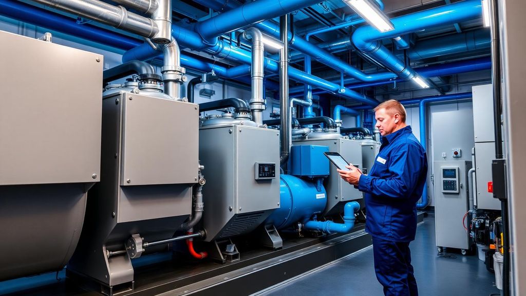 Refrigeration technician servicing cold storage equipment