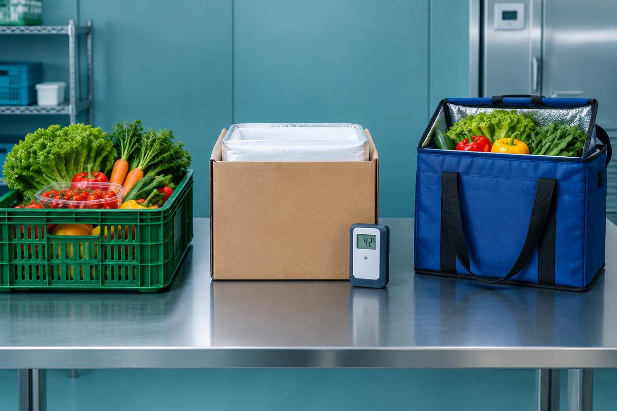 Produce crate, packed carton with logger and insulated delivery tote illustrating product handovers