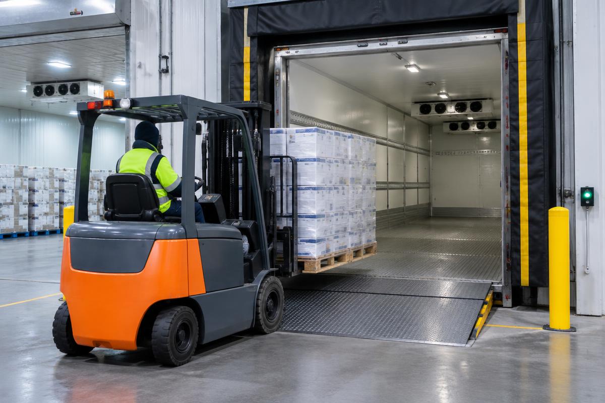 Forklift loading wrapped food cartons through a protected refrigerated loading dock
