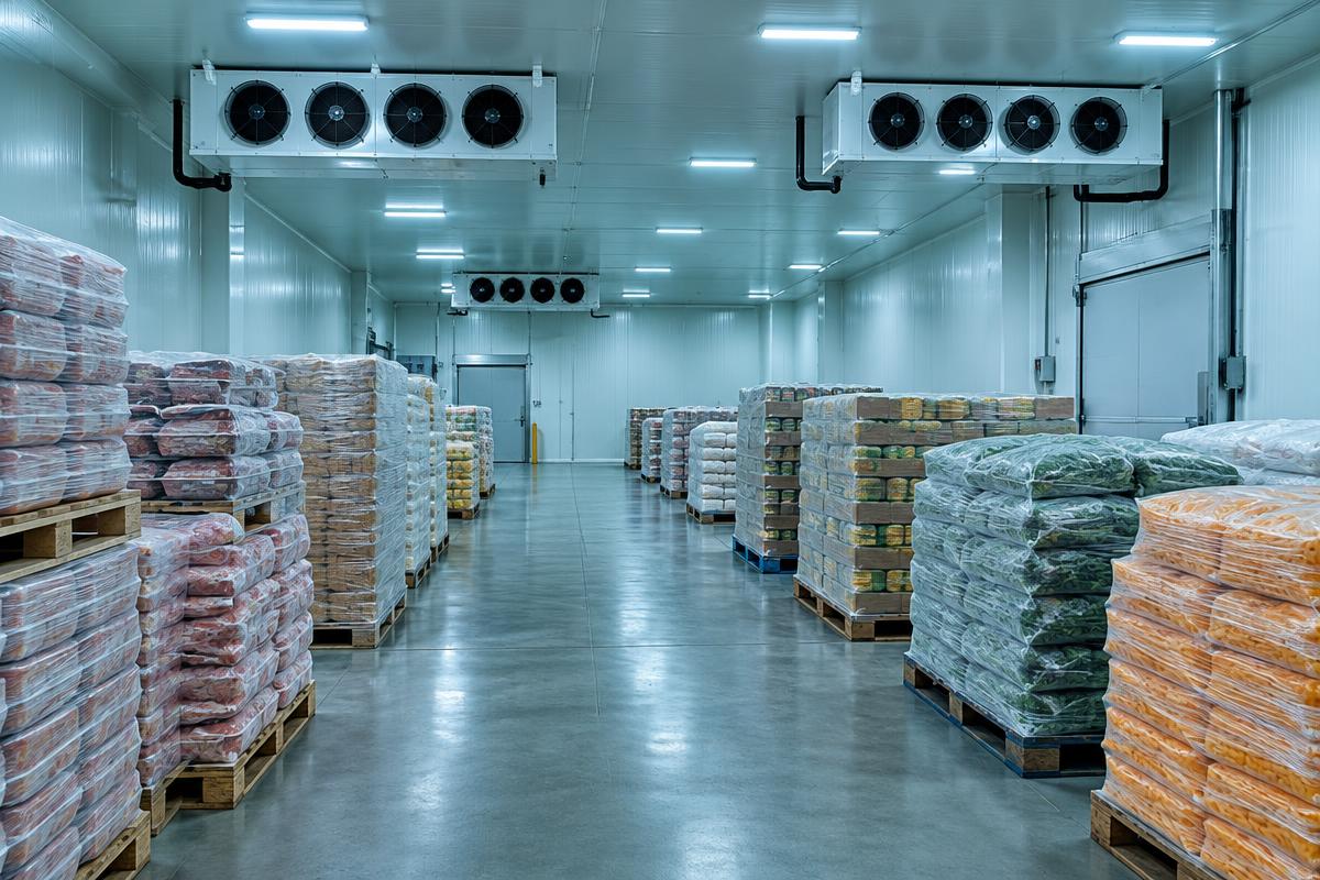 Food pallets in a cold room with clear aisles and ceiling evaporators