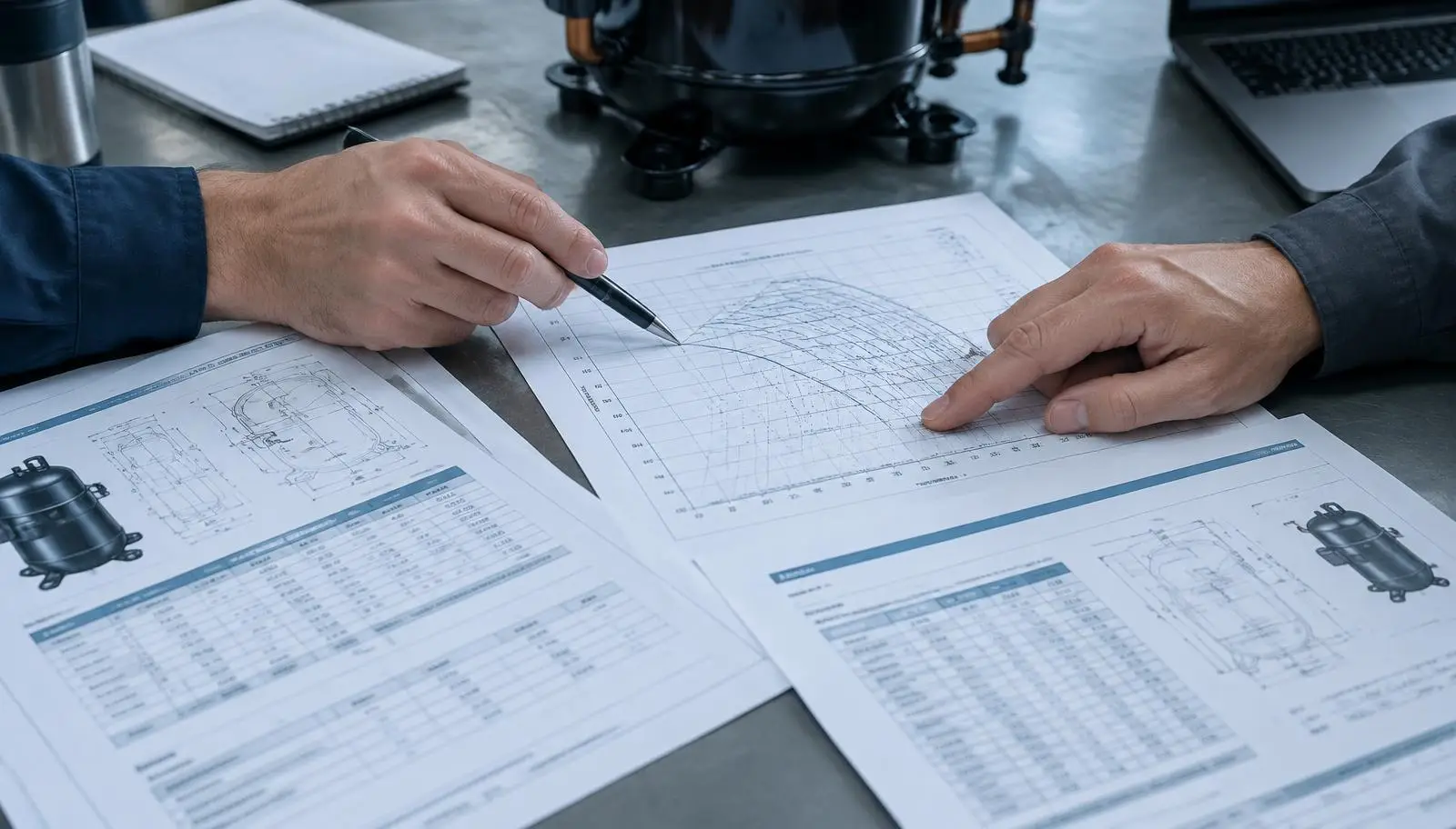 Two people discuss technical documents with performance graphs and compressor diagrams.