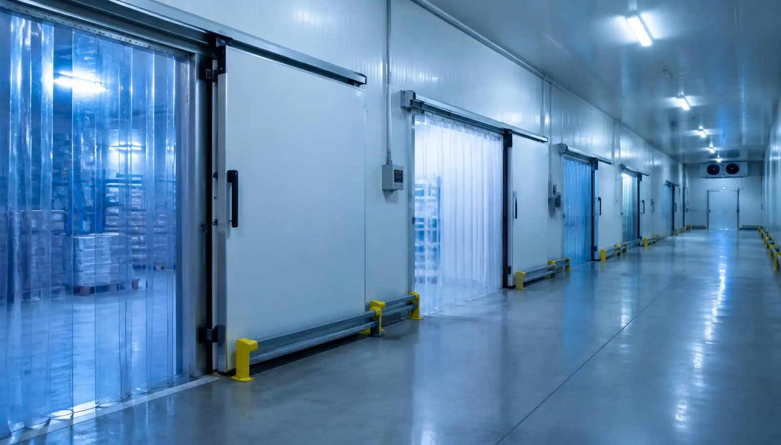 Long white corridor in an industrial cold storage facility with multiple plastic strip doors.