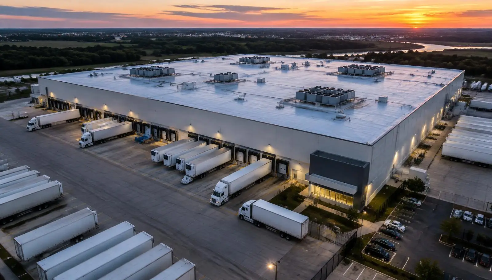 Aerial view of a large industrial warehouse with trucks at numerous loading docks at sunset.