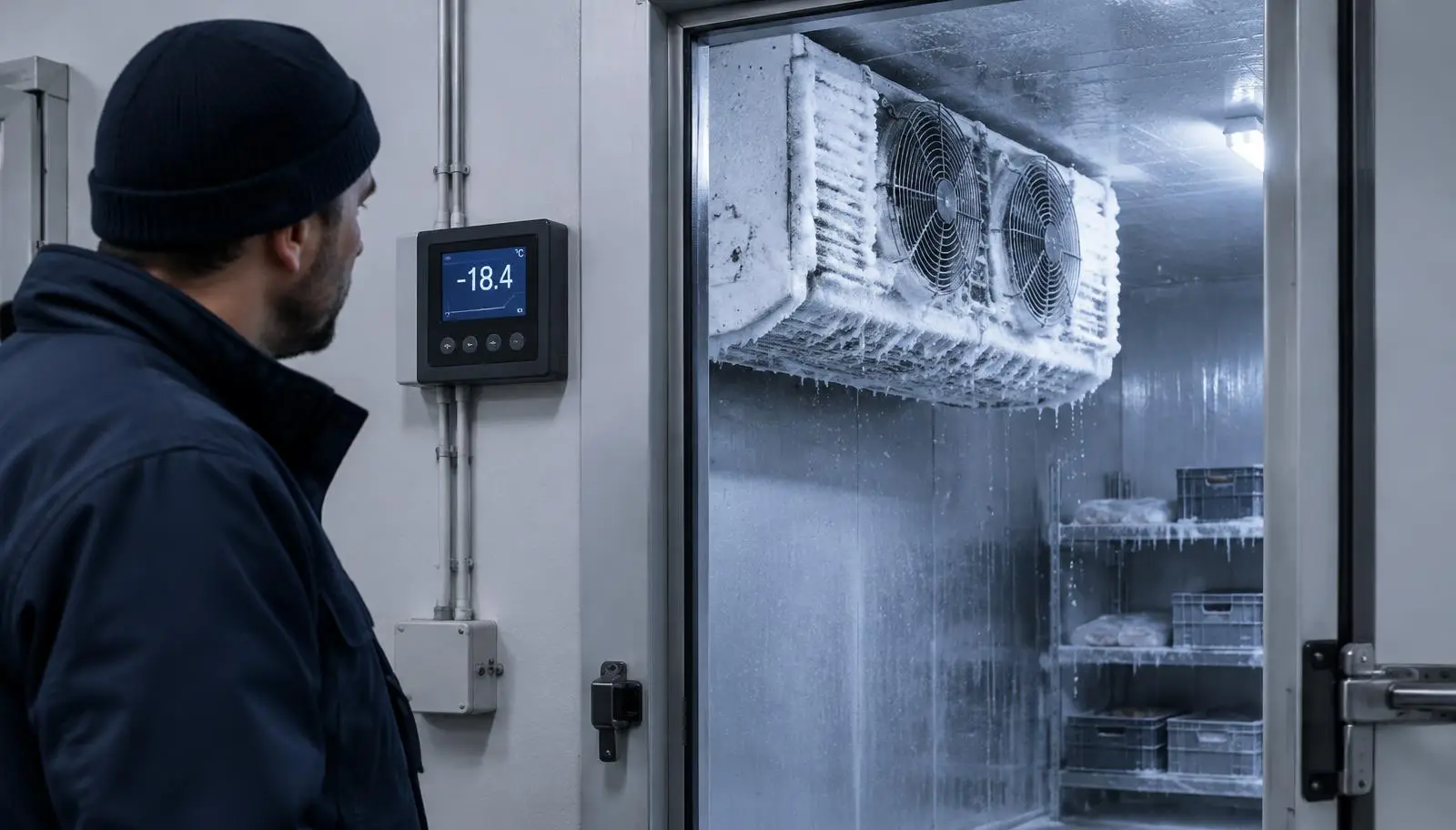 Person views digital display showing -18.4°C next to an open, frosty cold storage unit.