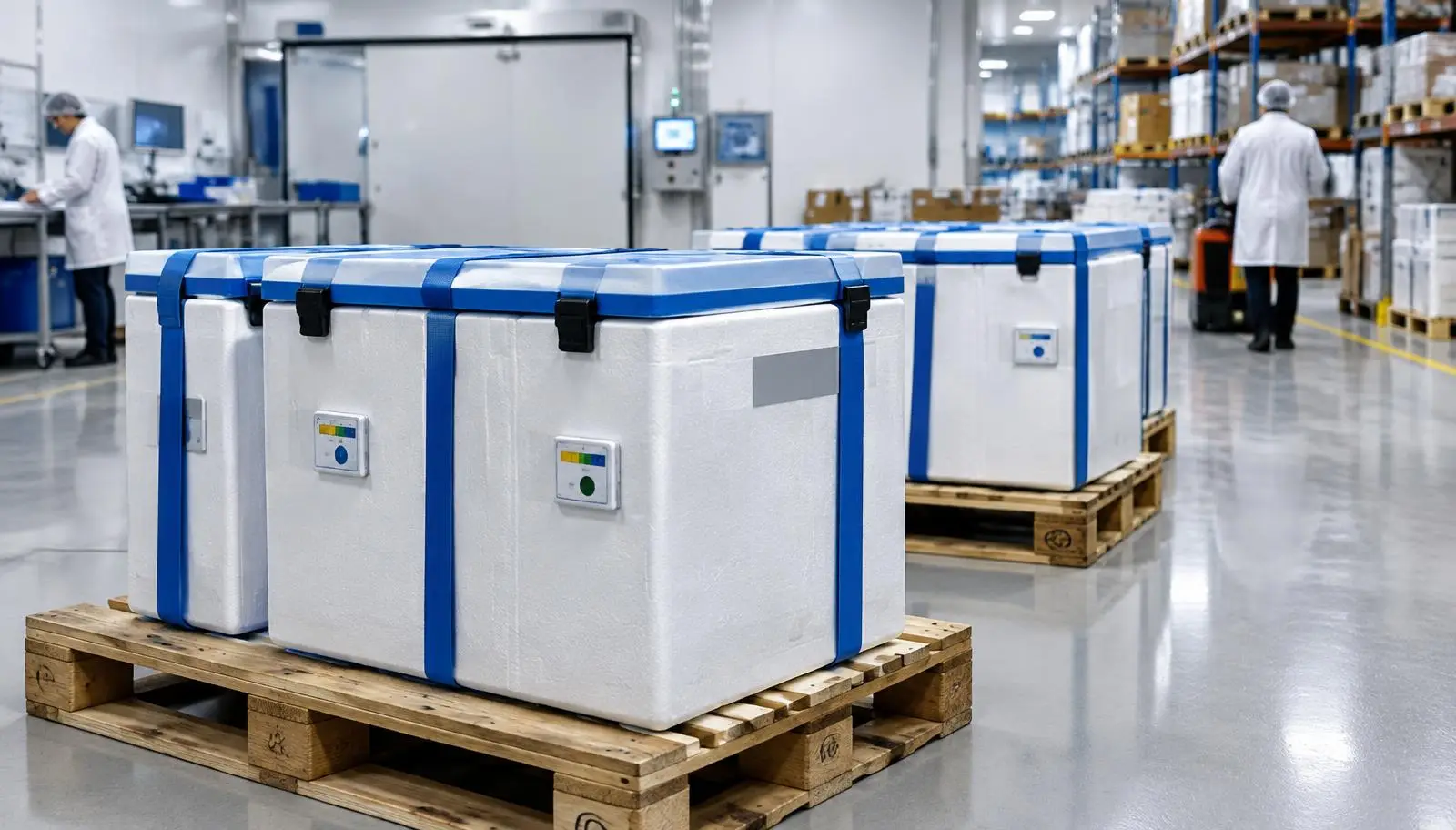 Several large insulated shipping containers on pallets in a pharmaceutical warehouse environment.