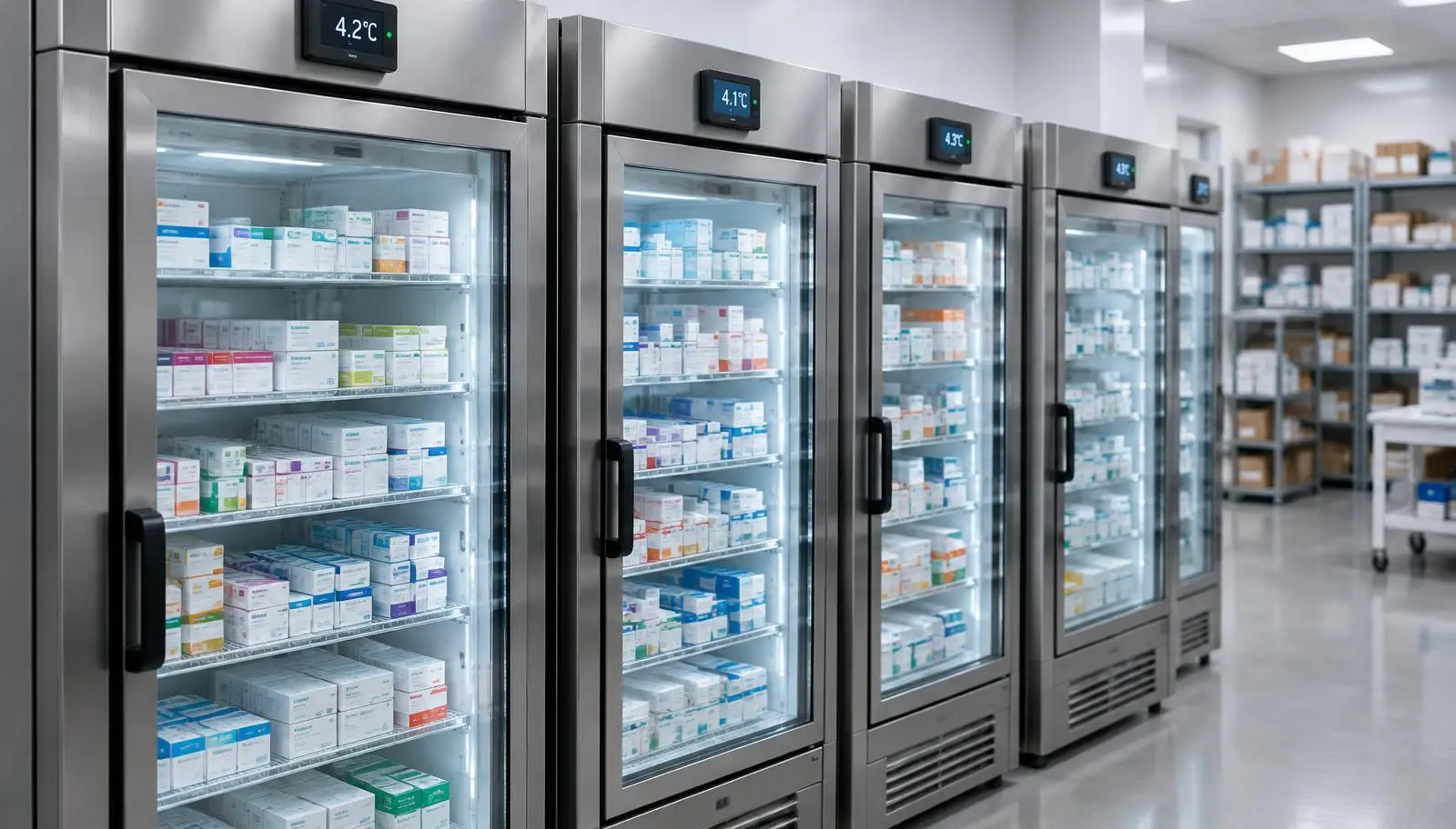 Row of medical refrigerators storing boxed pharmaceuticals in a brightly lit room.