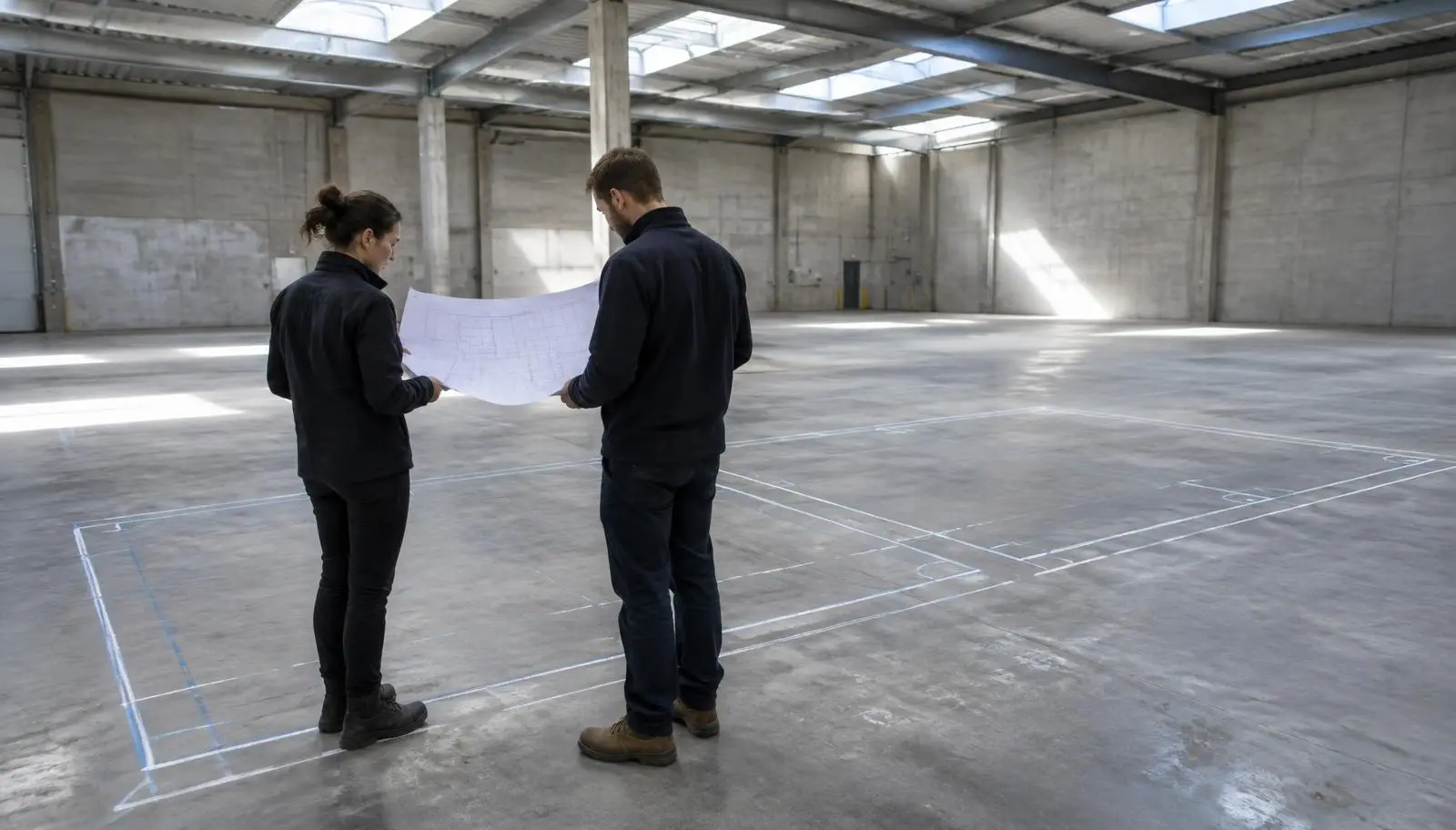 Two people reviewing blueprints in a large empty warehouse with floor markings.