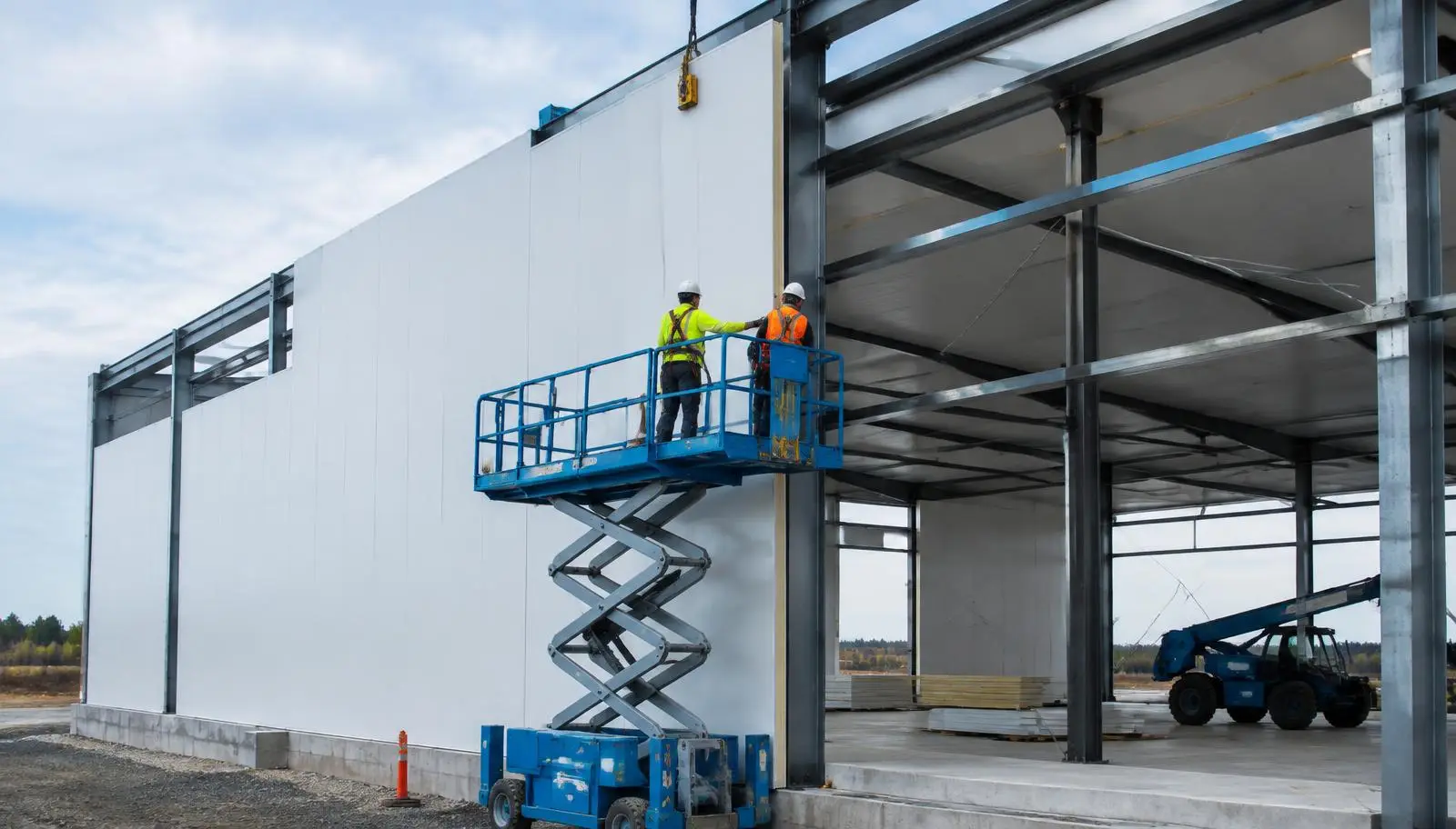 Construction workers on scissor lift installing white insulated panels on a metal structure.