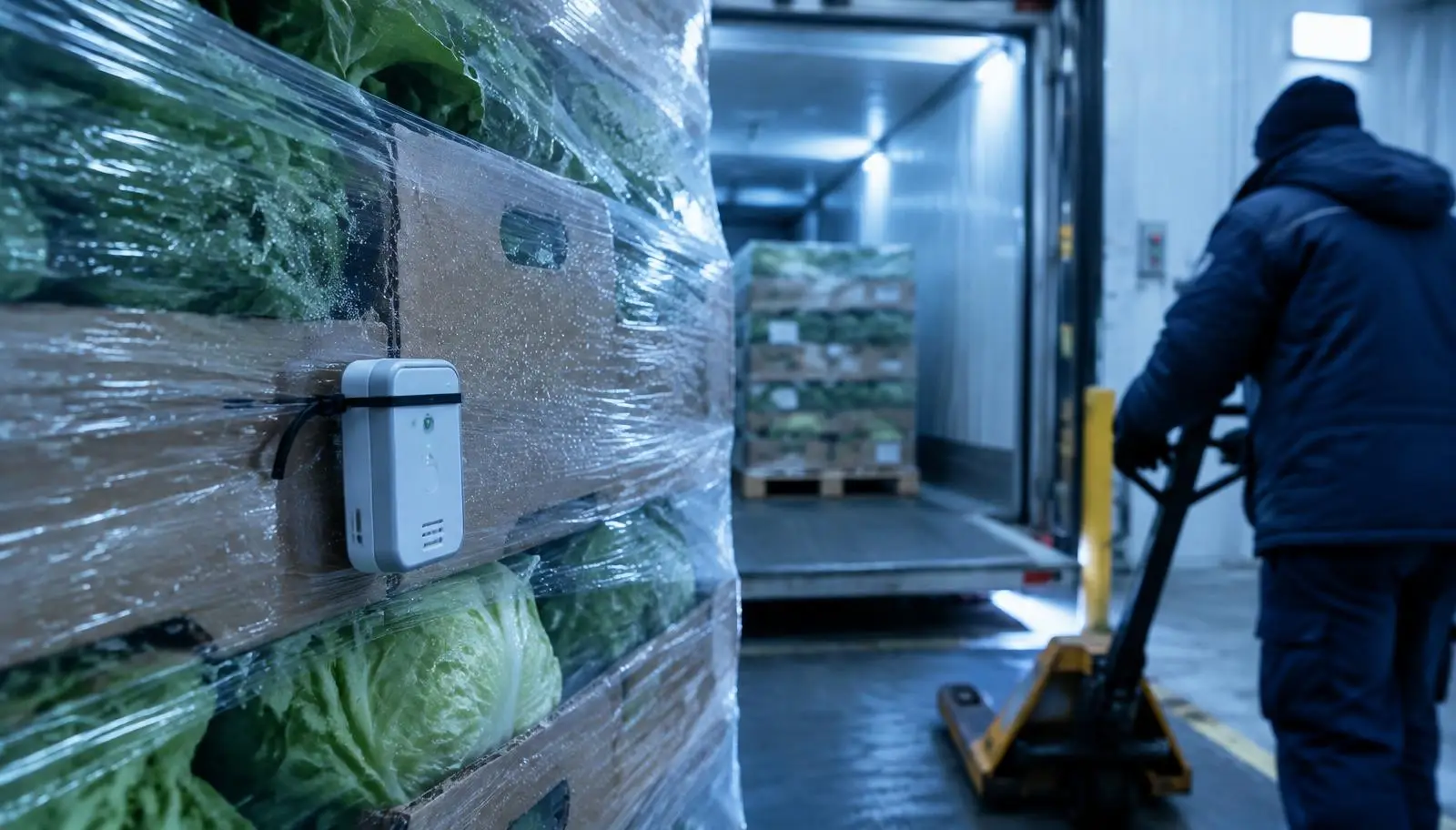 White device attached to wrapped produce pallets, worker with pallet jack in cold storage.