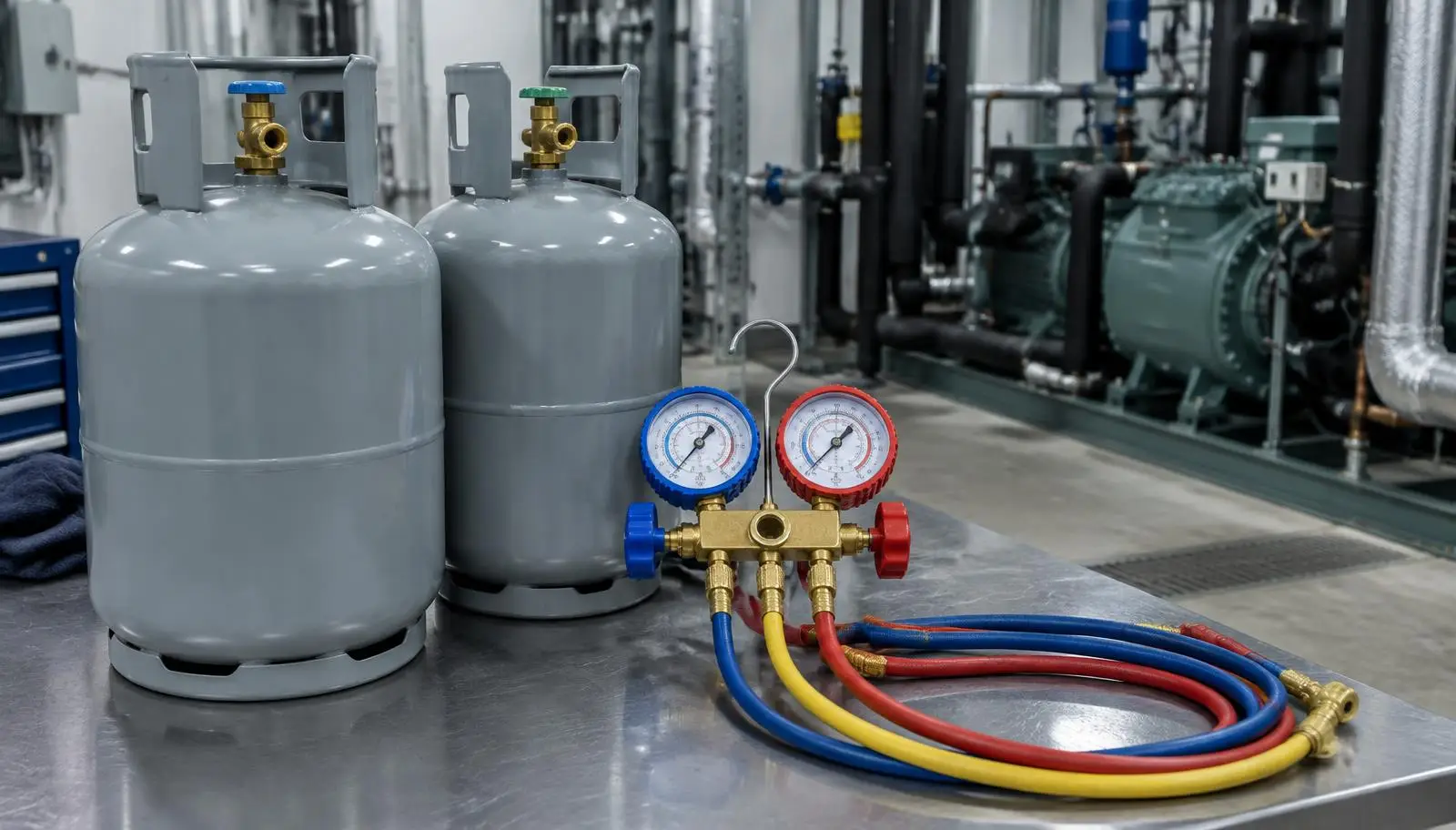 Two gray refrigerant cylinders and a manifold gauge set with hoses in an industrial room.