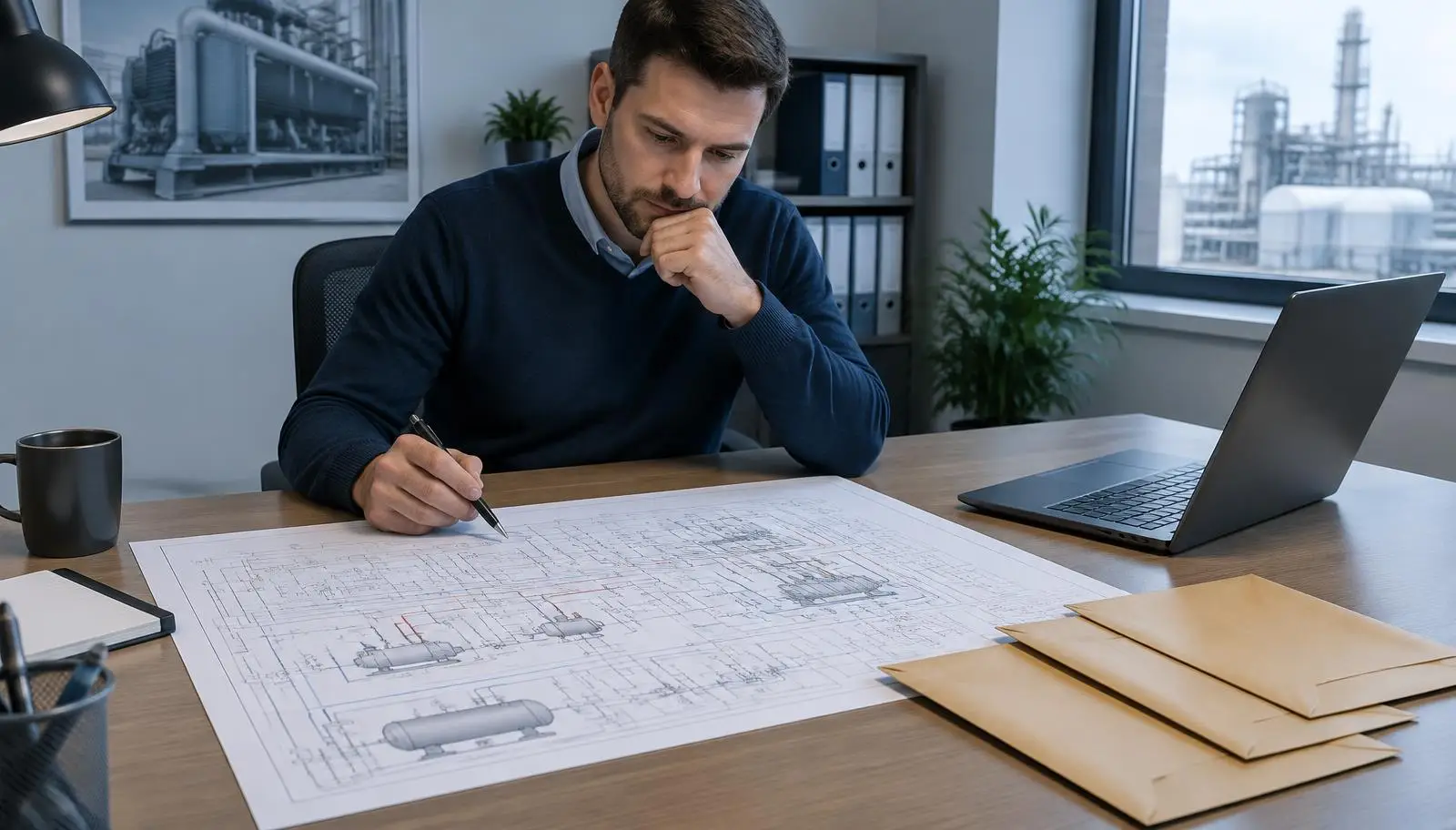 Man studying blueprint with industrial facility outside window, laptop on desk.