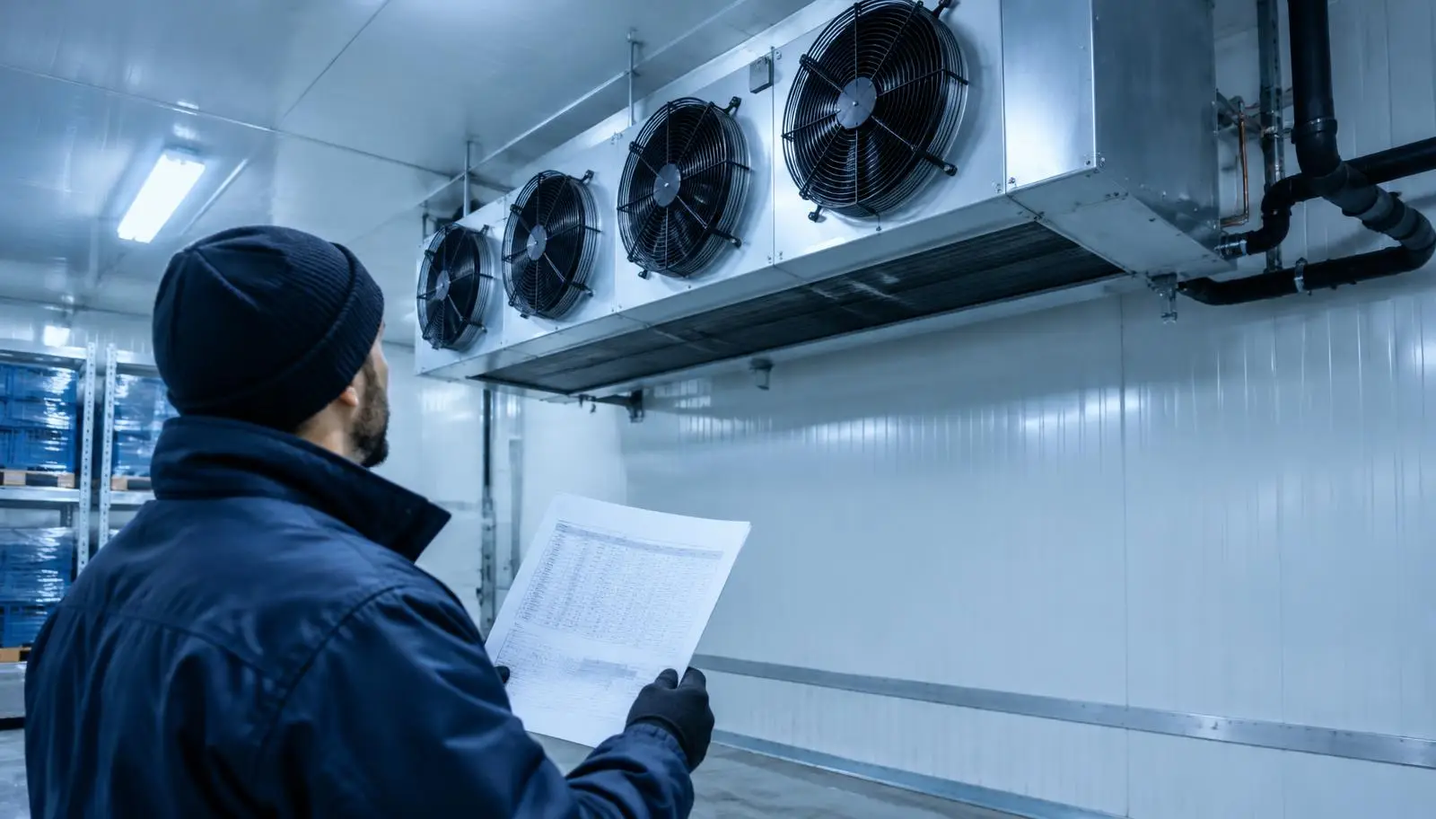 Man in cold weather gear reviews documents under cold room fans.
