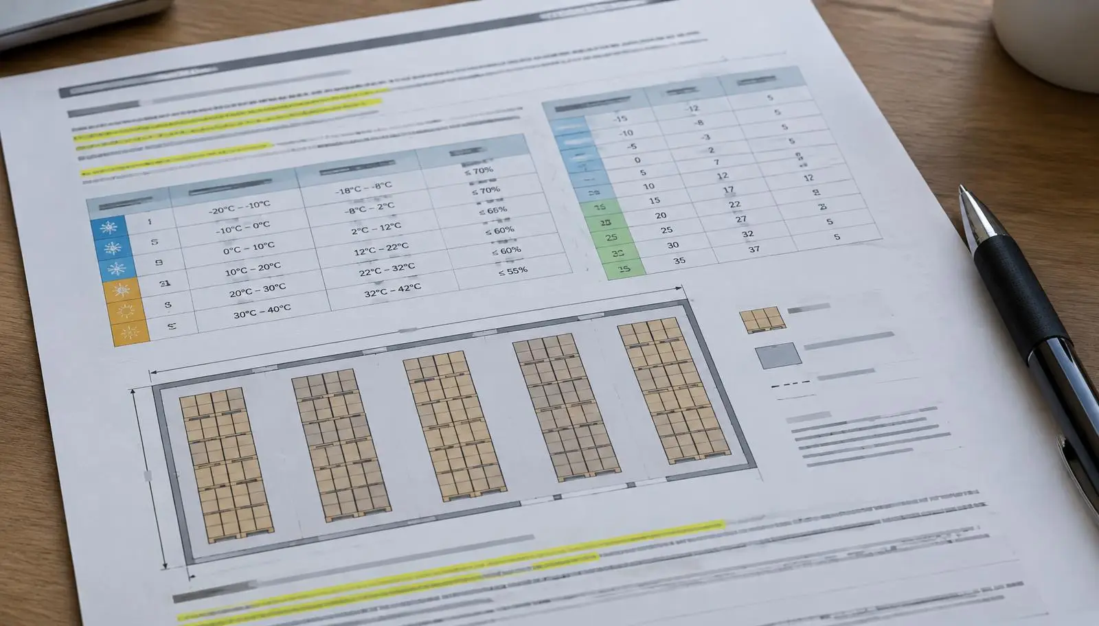 Document showing cold storage layout diagram with tables, and a pen on a wooden desk.