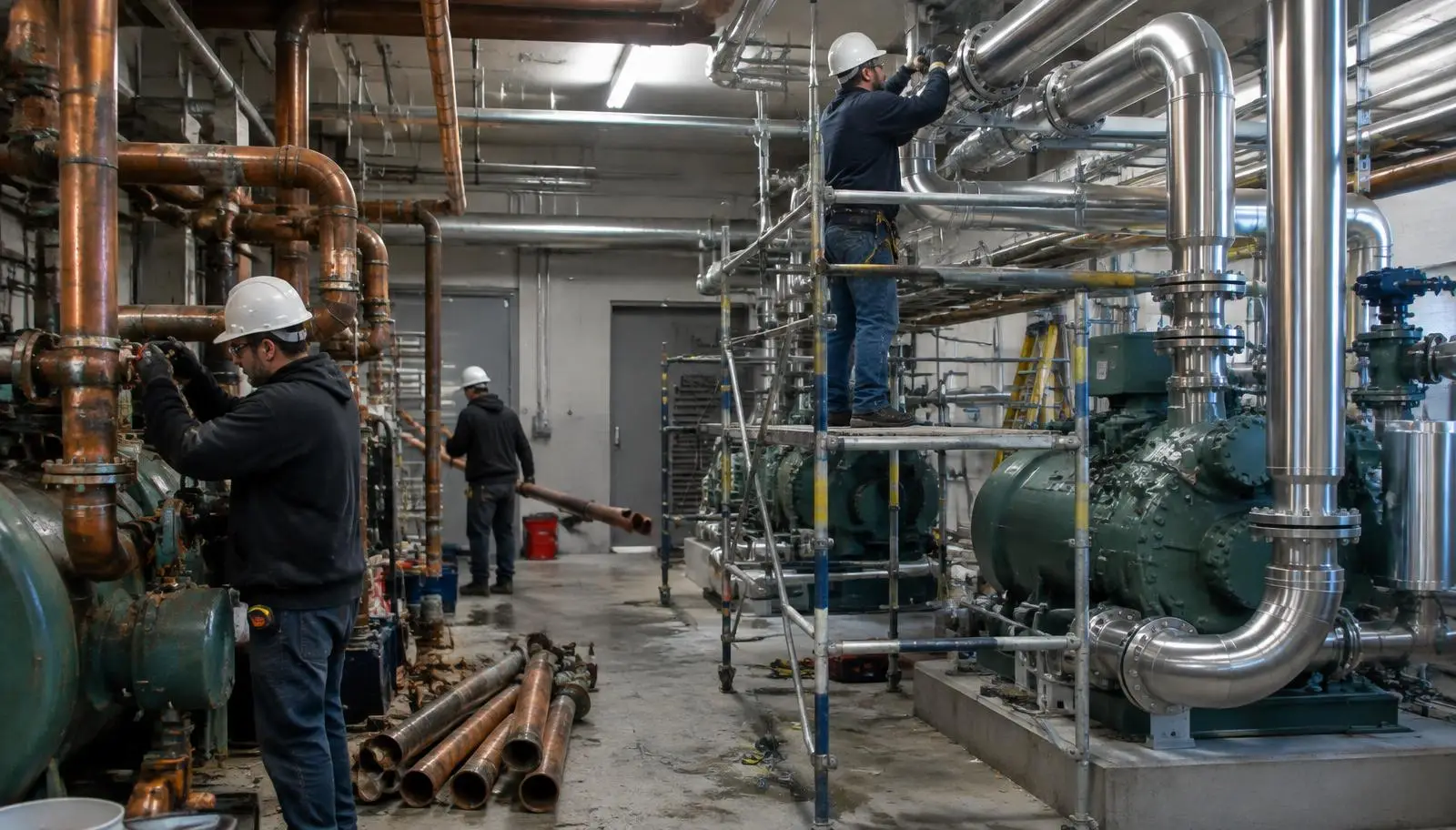 Three workers installing or servicing industrial refrigeration compressors and piping in a plant.