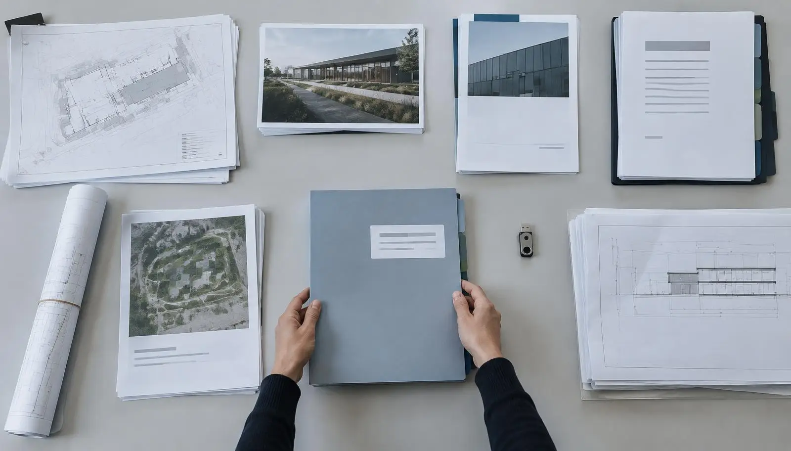 Hands holding a gray binder surrounded by blueprints, documents, and building photos.