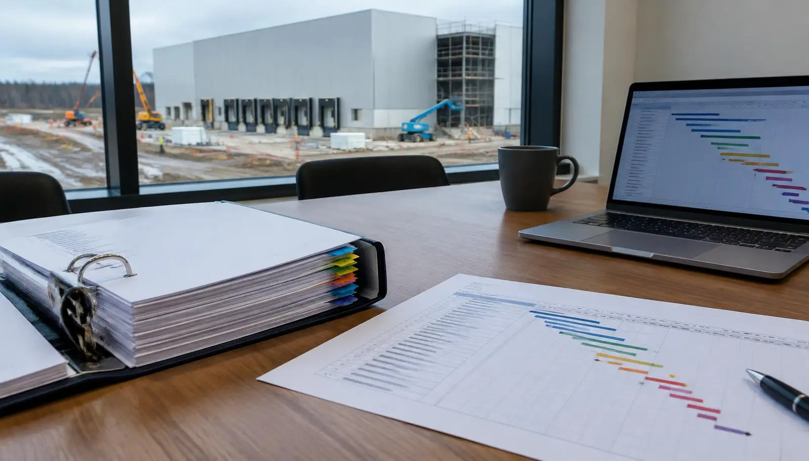 Desk with binder, laptop, charts, and coffee mug, overlooking a warehouse construction site.