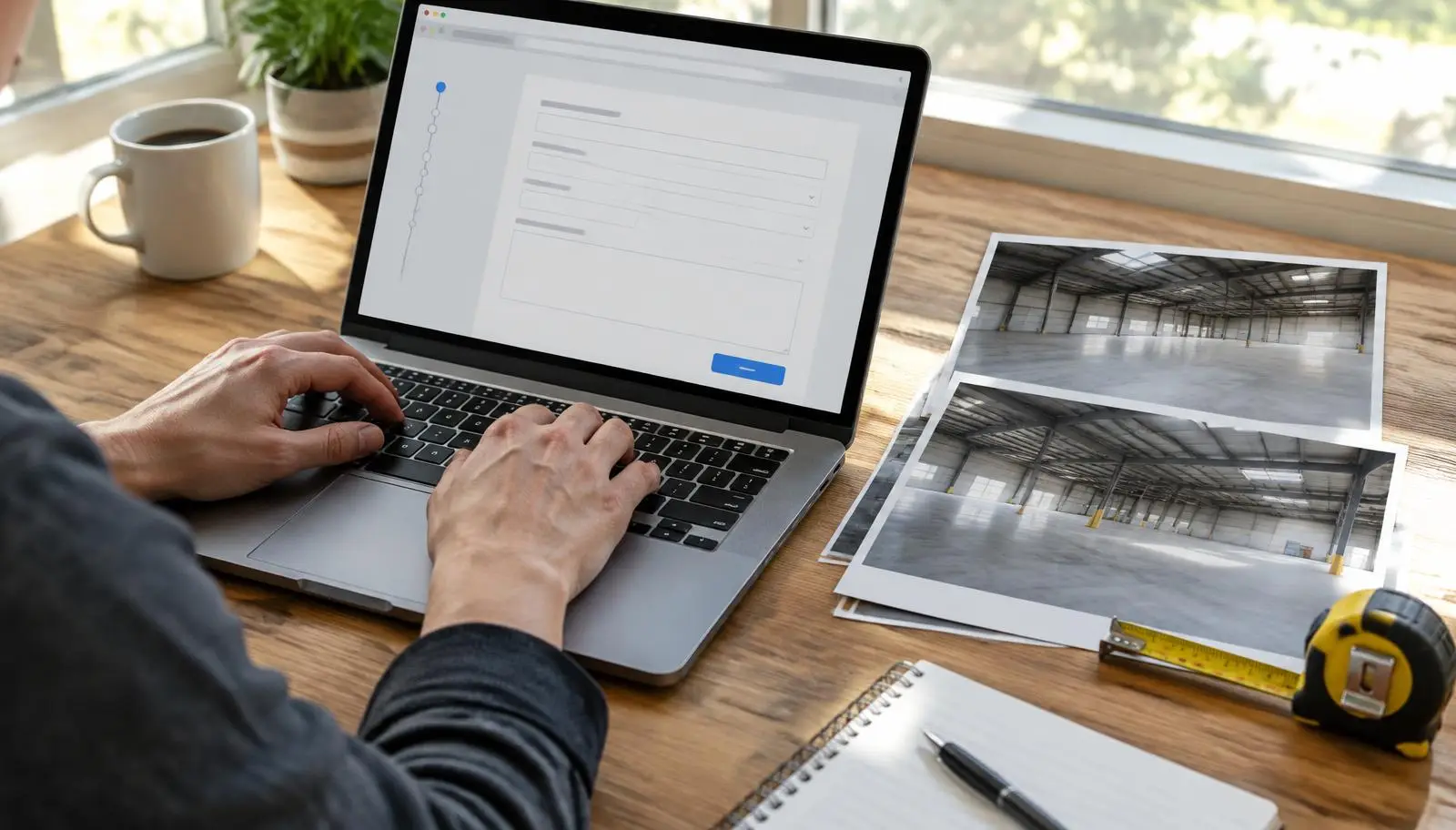 Person typing on laptop showing form, photos of empty warehouse, notebook, and tape measure.