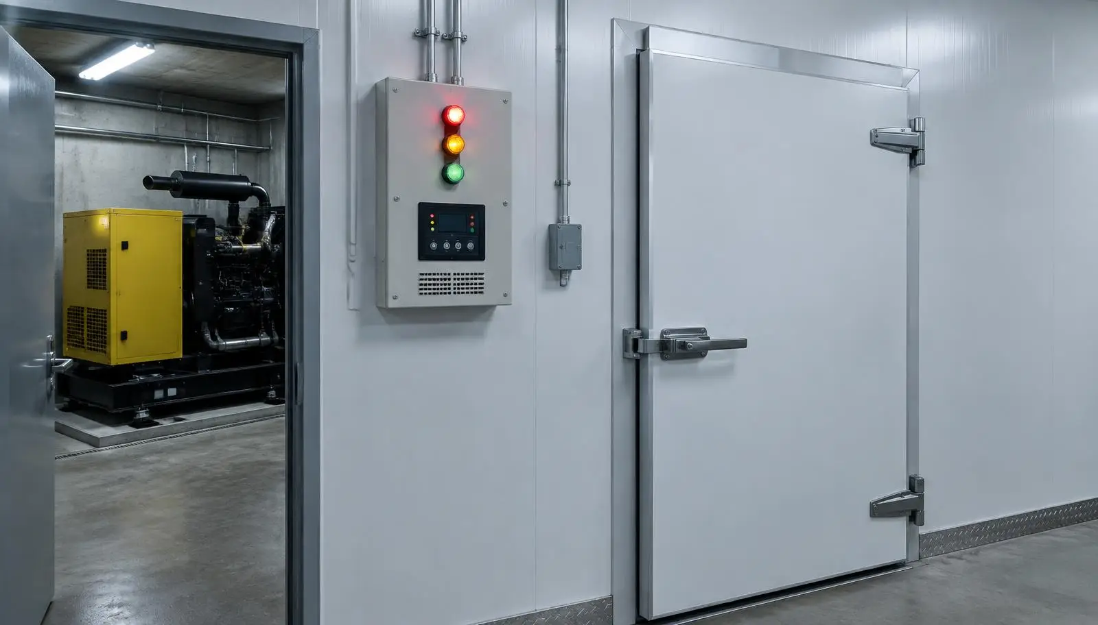 Cold storage room entrance with control panel and backup generator in background.