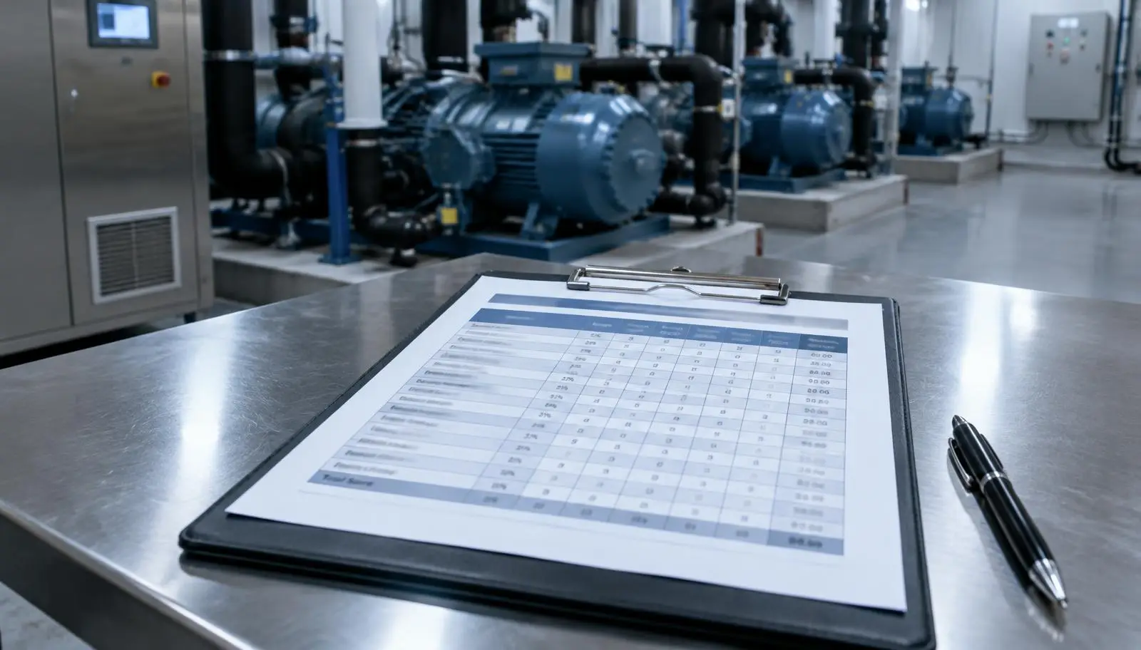Clipboard with a document and pen on metal table in a machinery room.