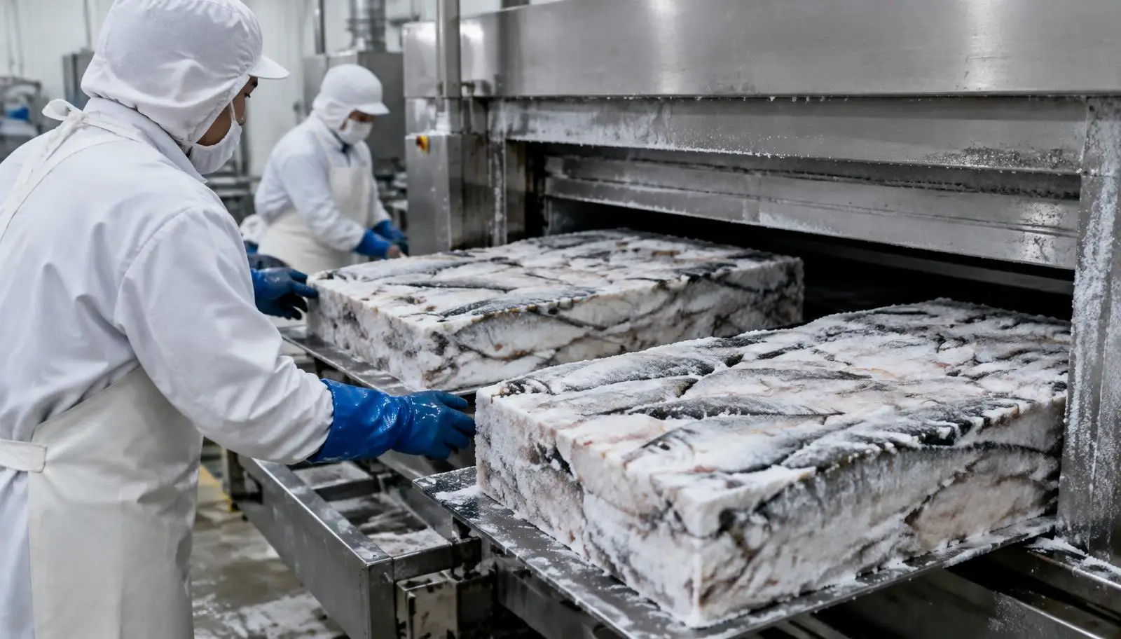 Workers in cleanroom suits placing large blocks of frozen fish into blast freezer.