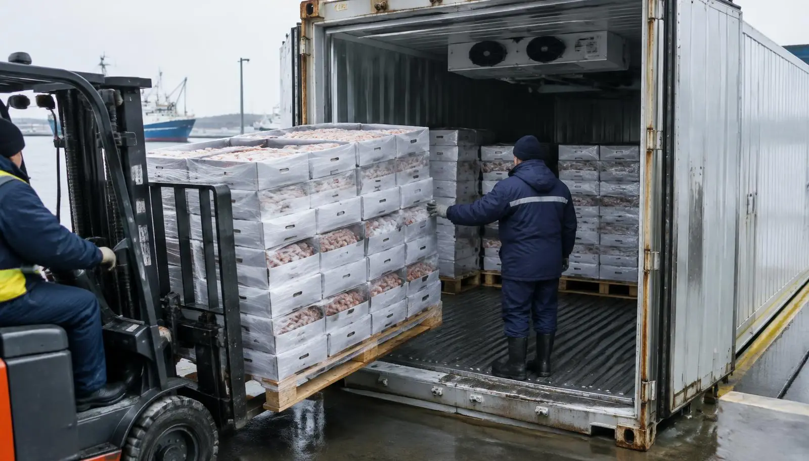 Forklift loading seafood boxes on pallets into refrigerated shipping container at dock.
