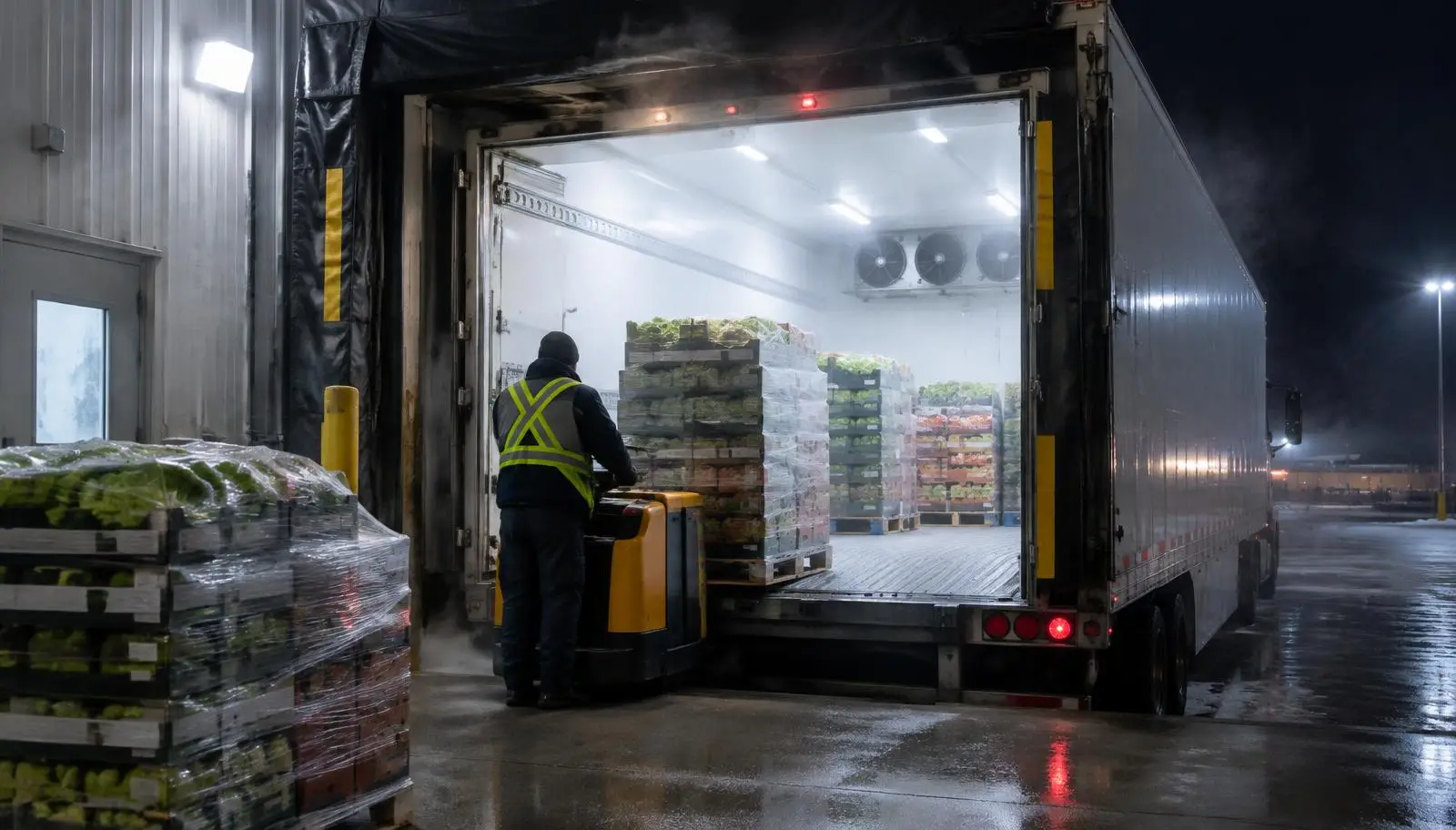 Worker using a pallet jack to load produce into a refrigerated truck at night.