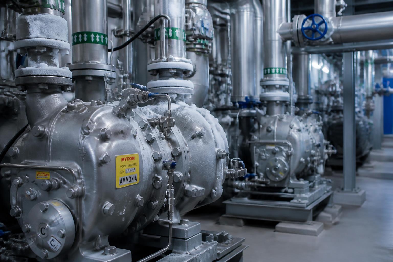 Industrial refrigeration plant with ammonia compressors and frosted piping