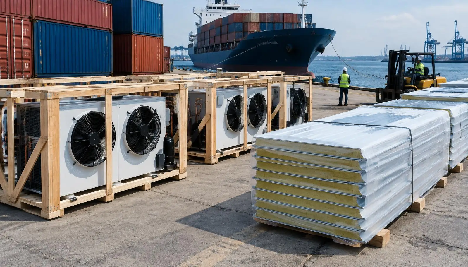 Crated refrigeration units and insulated panels at a port with cargo ship and containers.