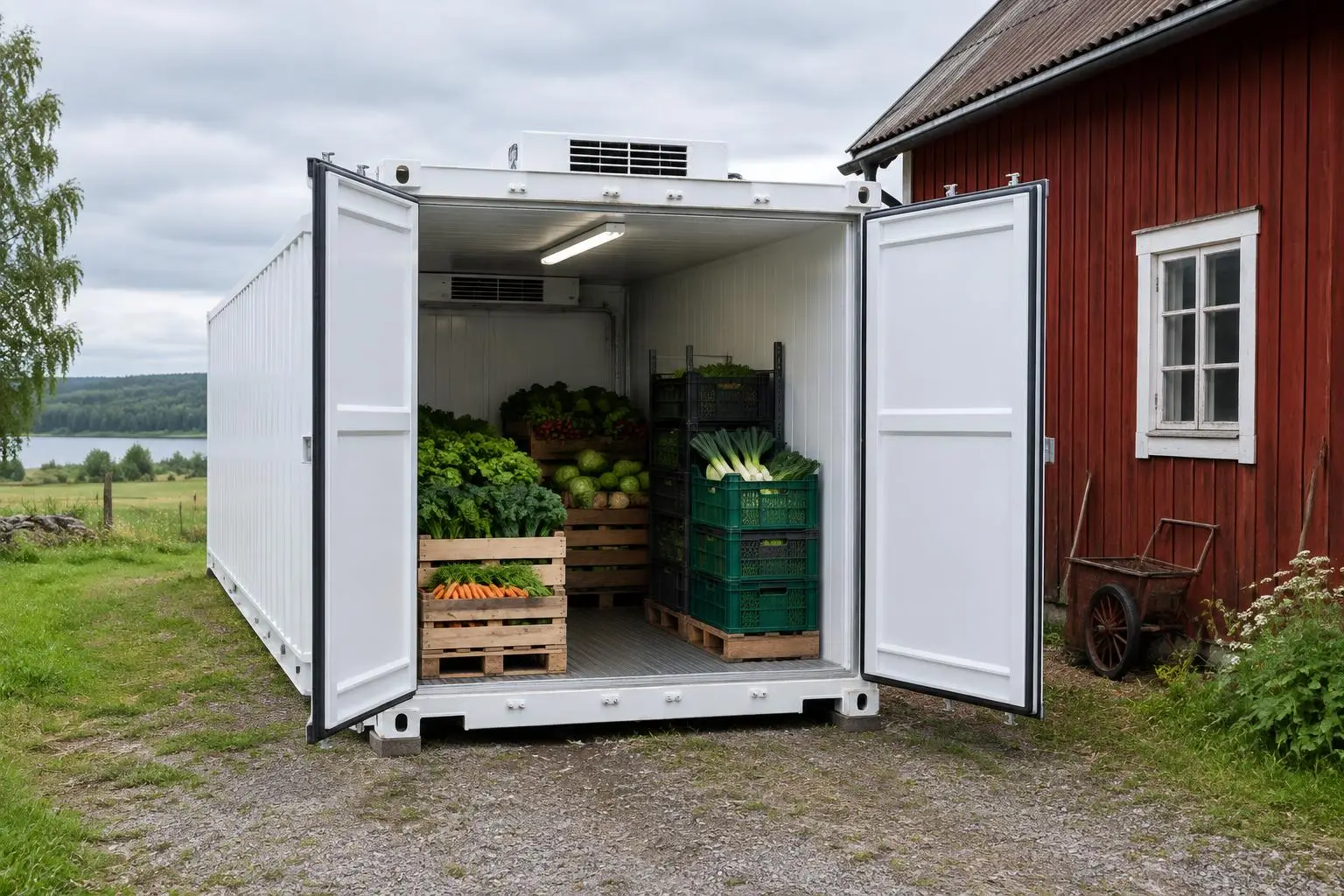 Vit kylcontainer med öppna dörrar och lådor med grönsaker bredvid en röd lada på landsbygden.