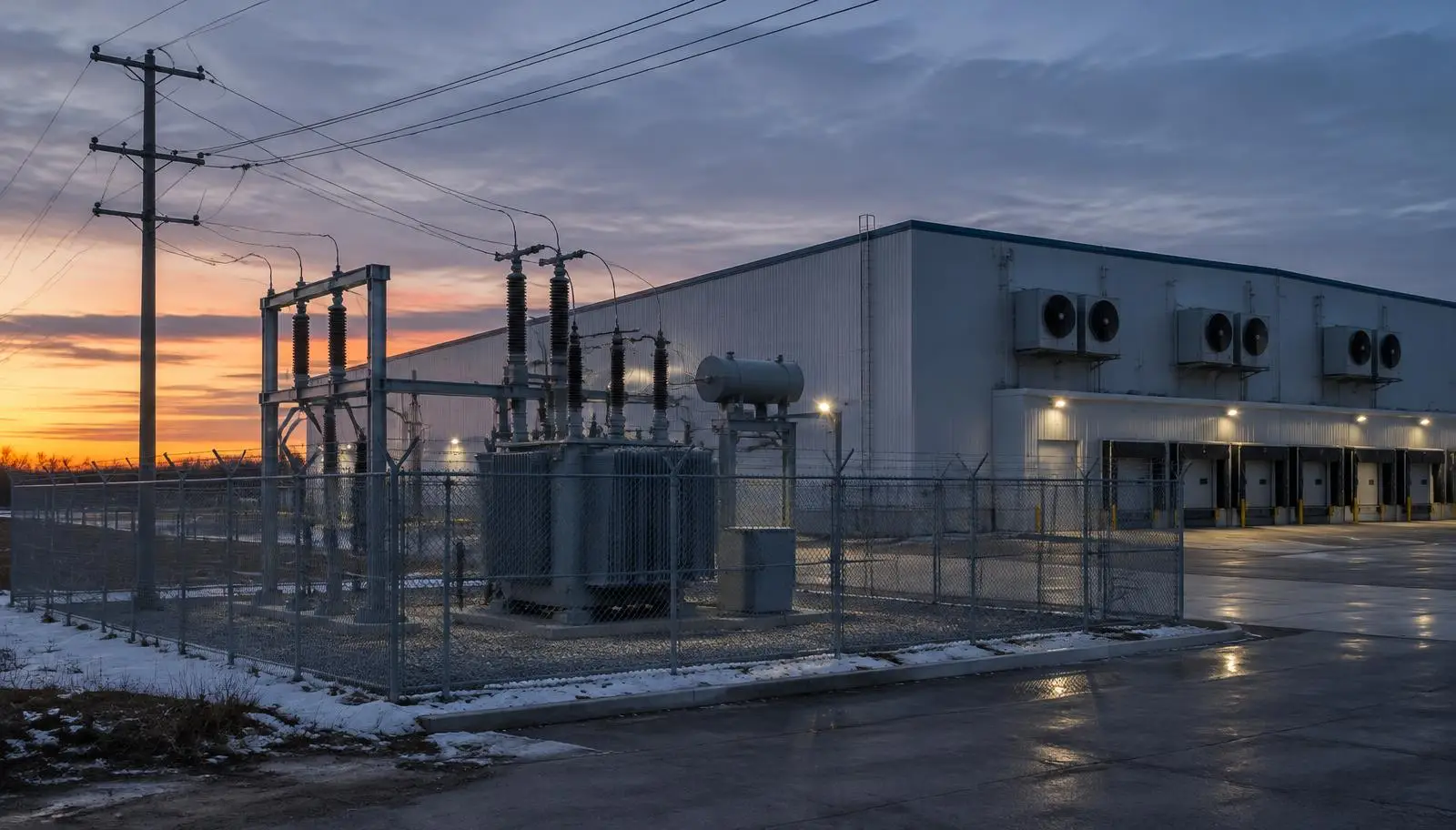 Industrial building, electrical substation with power lines at dusk with snow patches.