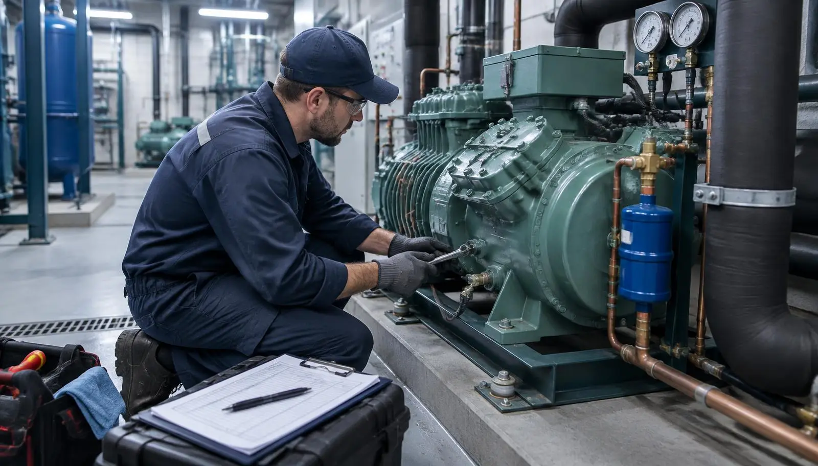Technician in work clothes servicing a large industrial refrigeration compressor unit.