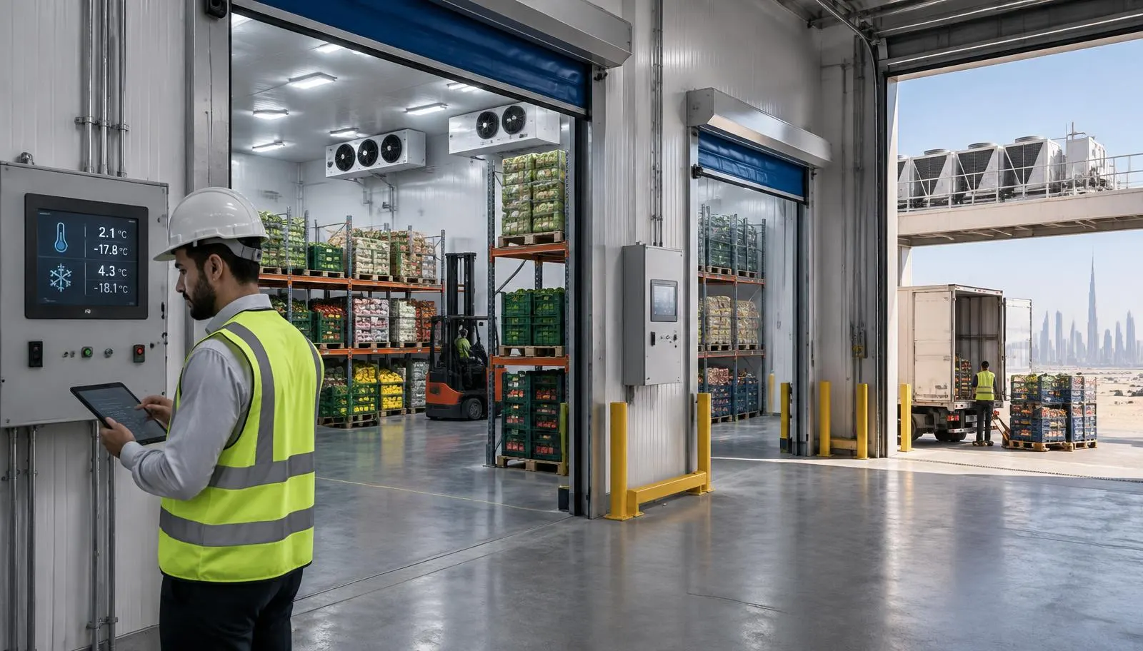 Procurement engineer with a tablet beside a temperature monitoring panel in a UAE cold-storage warehouse, with insulated cold rooms of fresh produce, ceiling evaporators, rooftop condensers and a refrigerated truck at the loading dock