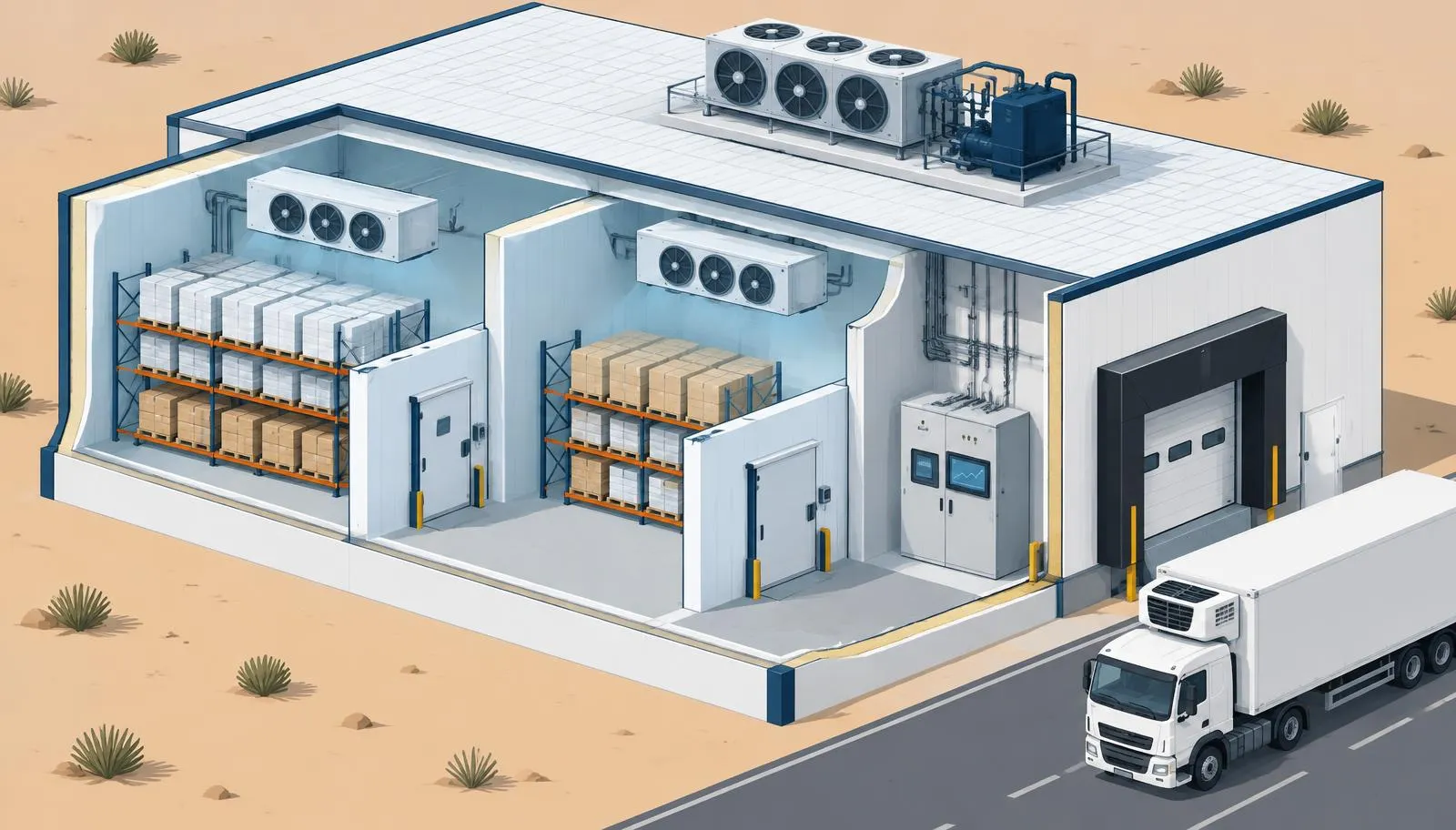 Cutaway illustration of a cold-storage facility: insulated walls and roof, two cold rooms with pallet racking and ceiling evaporators, rooftop condensers and compressor rack, a control panel with temperature monitoring, a loading dock, and a separate refrigerated truck on the road representing reefer logistics