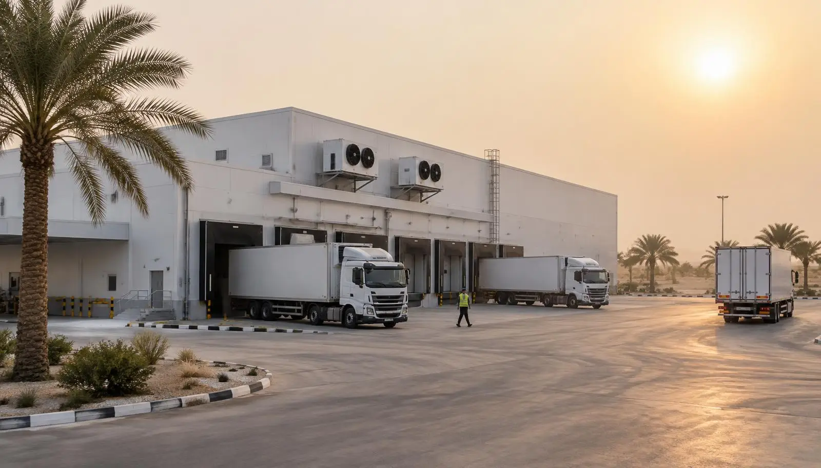 White cold storage facility with multiple loading docks and refrigerated trucks. Desert landscape.